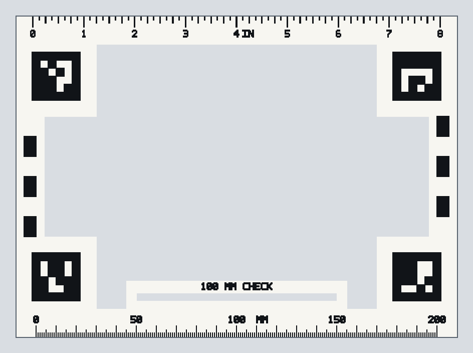 CAD preview of a custom photo measurement reference frame with rulers and reference markers